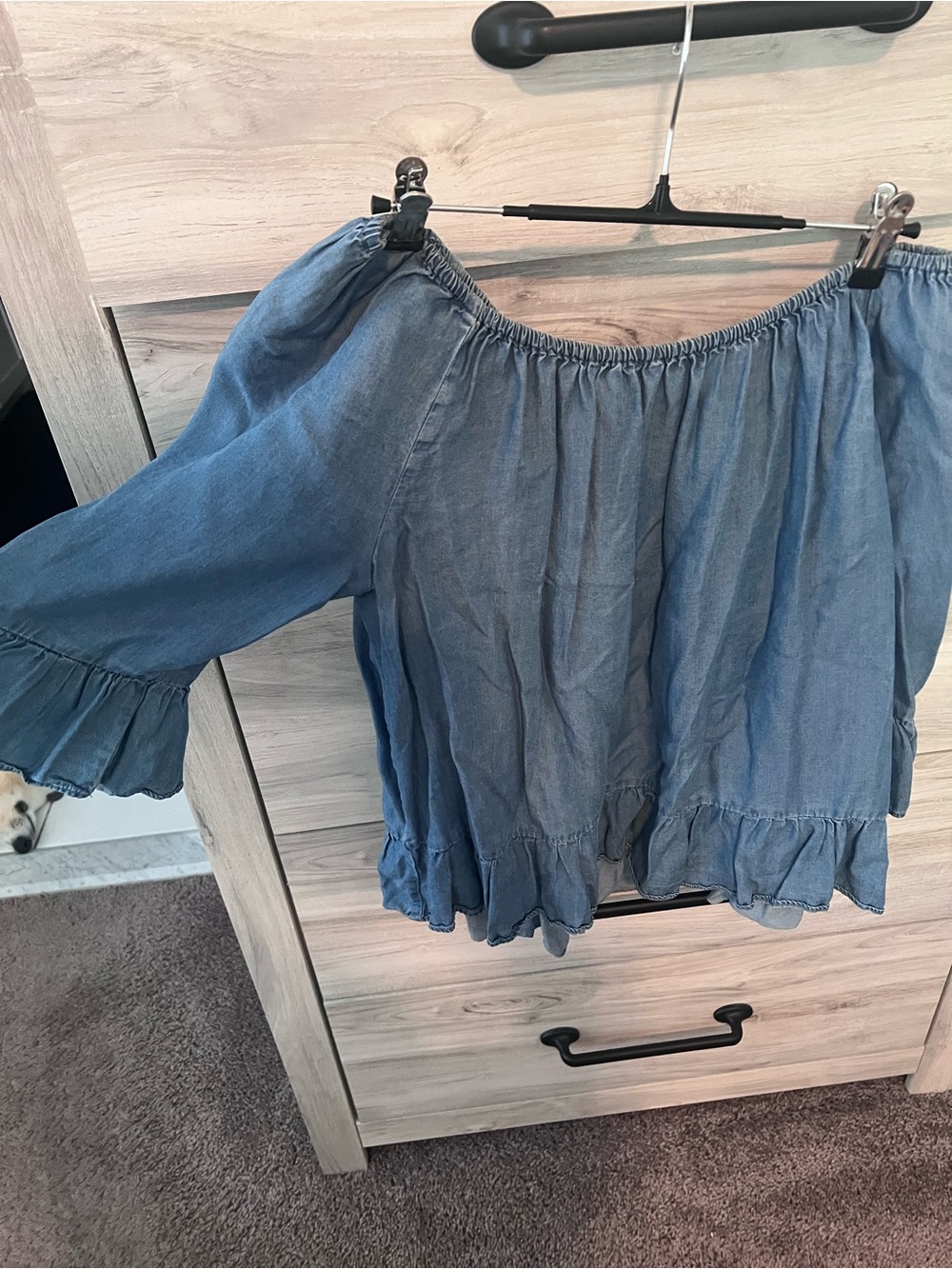HeartSoul Chambray Off-Shoulder Ruffle Blouse in Blue